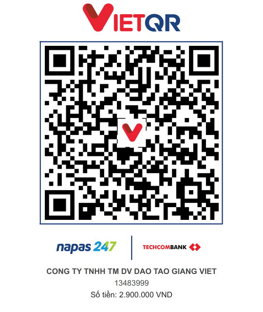 Mã QR chuyển khoản Techcombank 13483999 - Công ty TNHH TM DV Đào Tạo Giang Việt - 2.900.000đ